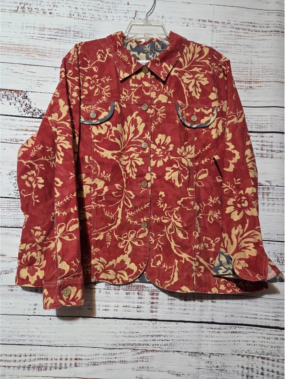 Coldwater Creek 2X Red Brown Floral Pattern Cotton Denim Jacket Vintage